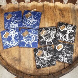 Nautical Leatherette Coaster Set with Built-In Bottle Opener (4-Piece, Blue or B